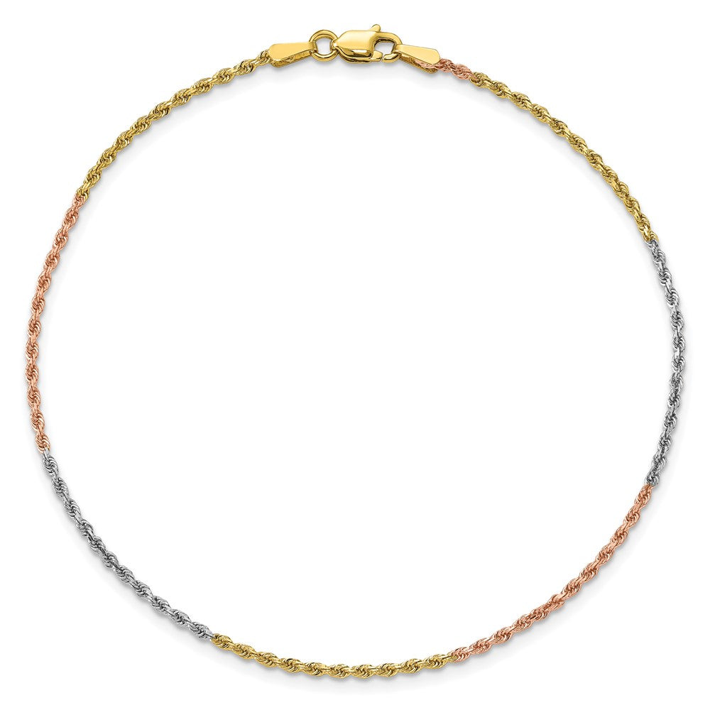 14K Tri-colored 8 inch 1.5mm Diamond-cut Rope with Lobster Clasp Chain