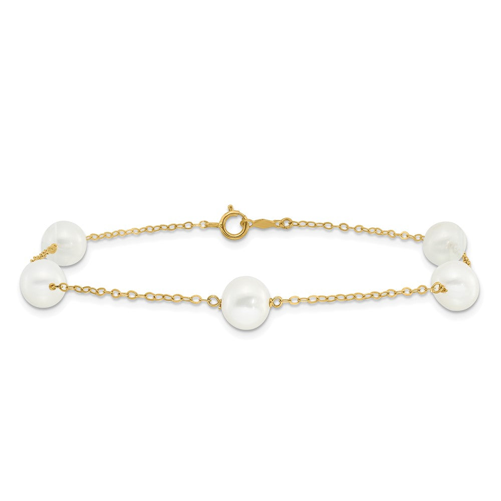 10k 7-8mm White Near-Round Freshwater Cultured Pearl 5-Station 9 inch Anklet