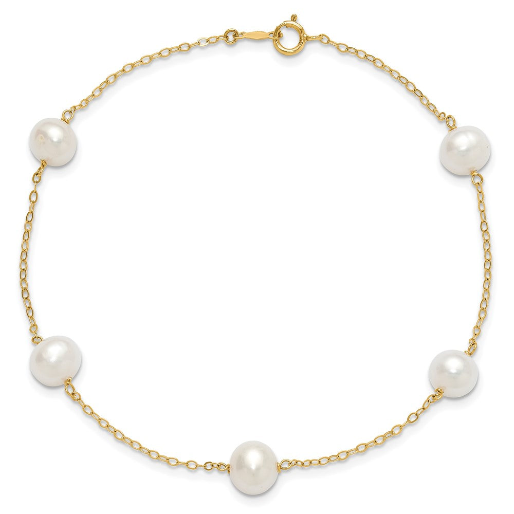 10k 7-8mm White Near-Round Freshwater Cultured Pearl 5-Station 9 inch Anklet