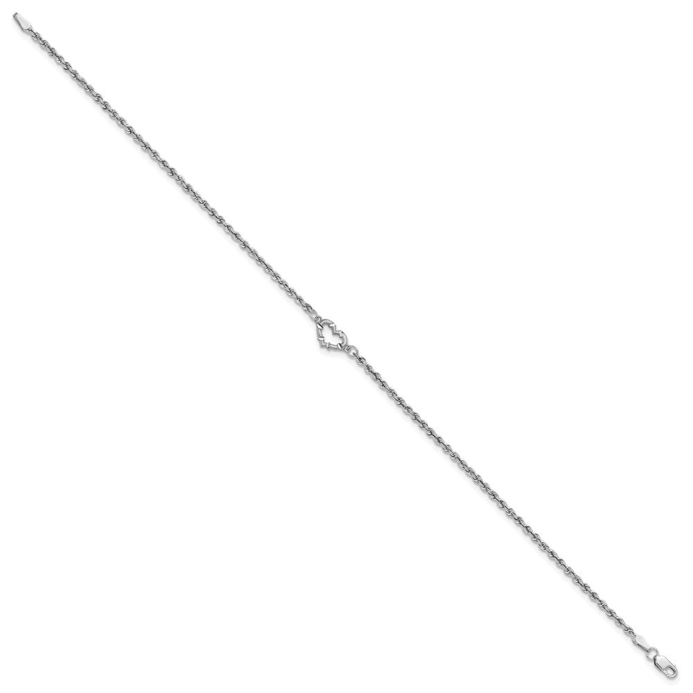 10k White Gold Diamond-cut Open Heart and Rope Chain 10 inch Anklet
