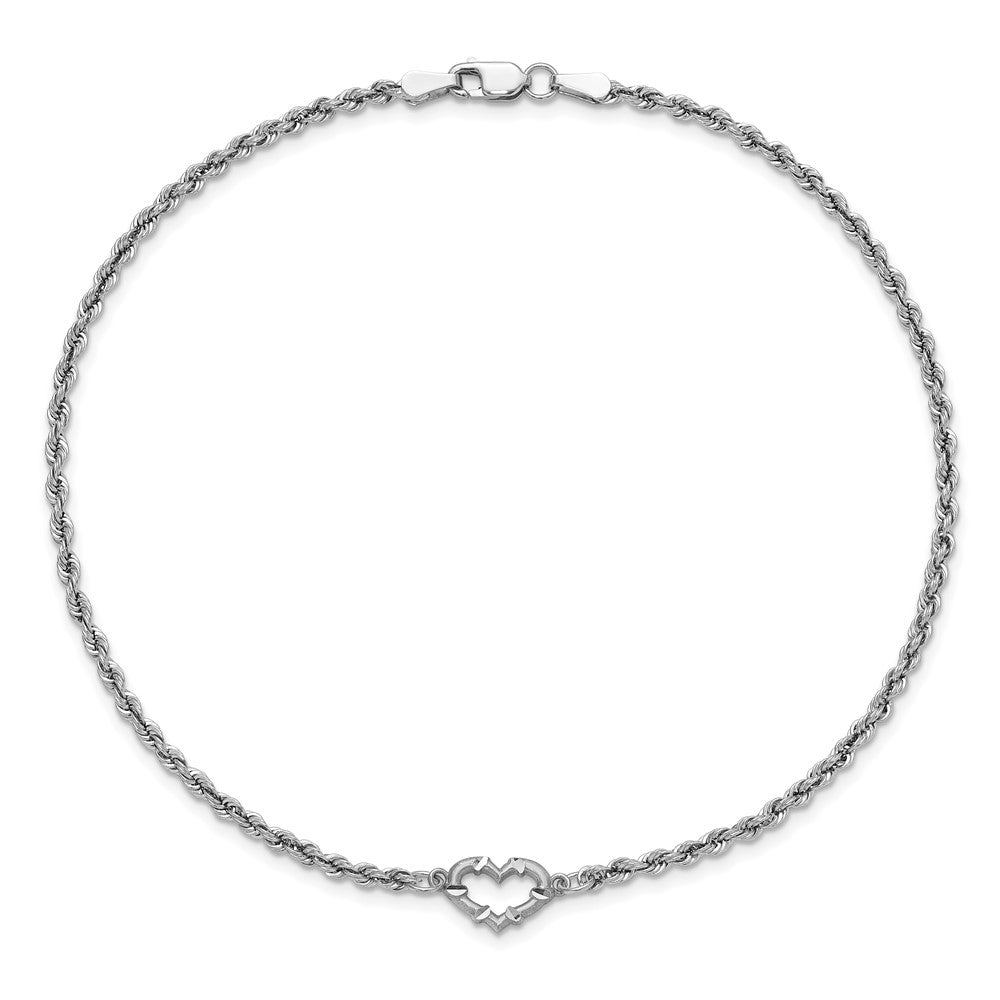 10k White Gold Diamond-cut Open Heart and Rope Chain 10 inch Anklet