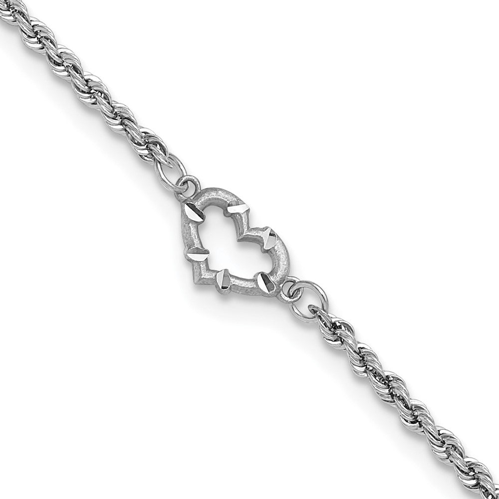 10k White Gold Diamond-cut Open Heart and Rope Chain 10 inch Anklet