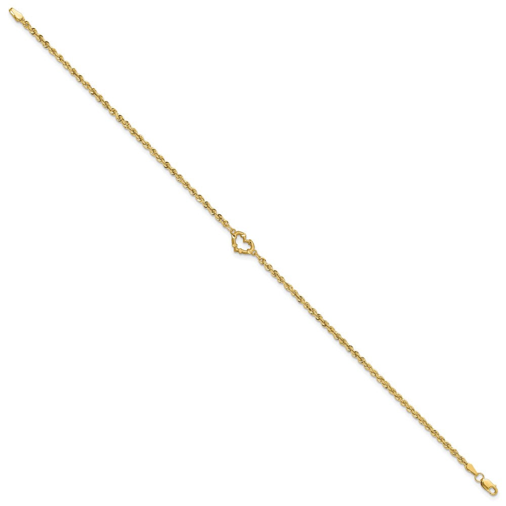 10k Diamond-cut Open Heart and Rope Chain 10 inch Anklet
