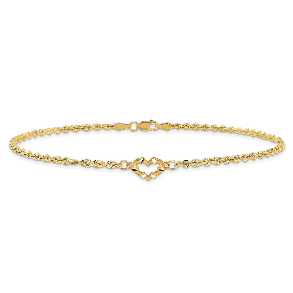 10k Diamond-cut Open Heart and Rope Chain 10 inch Anklet