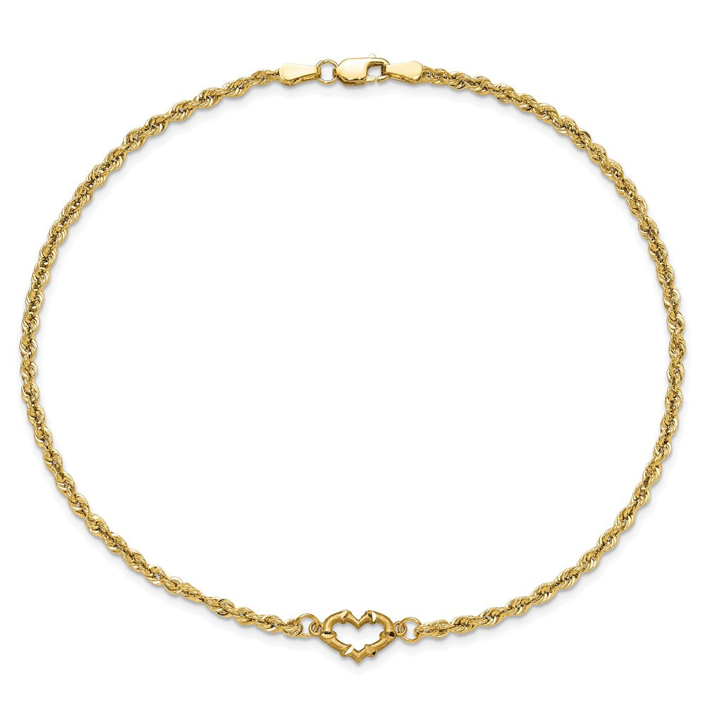 10k Diamond-cut Open Heart and Rope Chain 10 inch Anklet