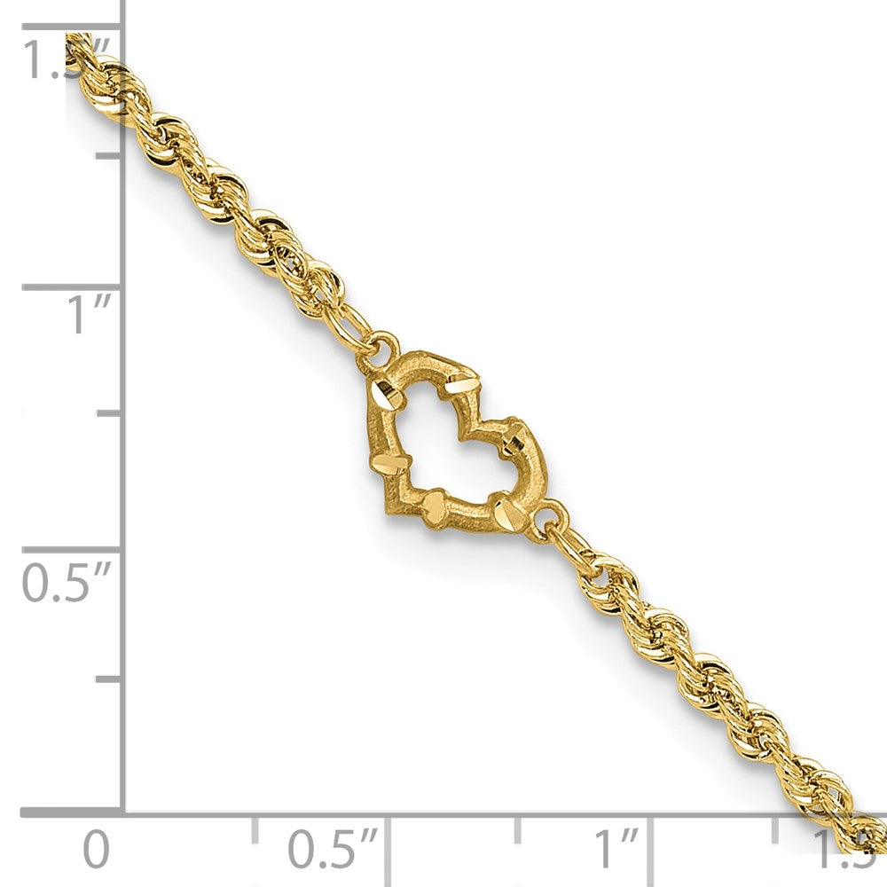 10k Diamond-cut Open Heart and Rope Chain 10 inch Anklet
