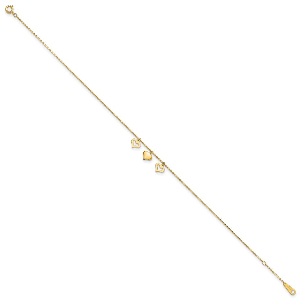 10k Polished Three Heart Dangles 9 inch Plus 1 inch Extender - Total 10 inch Anklet