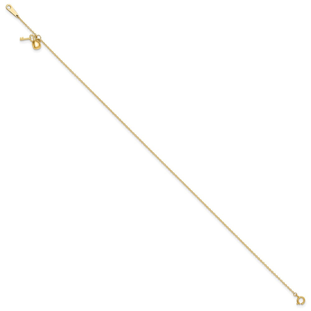 10k Heart and Key Dangle 9 inch Plus 1 inch Extender - Total 10 inch Anklet
