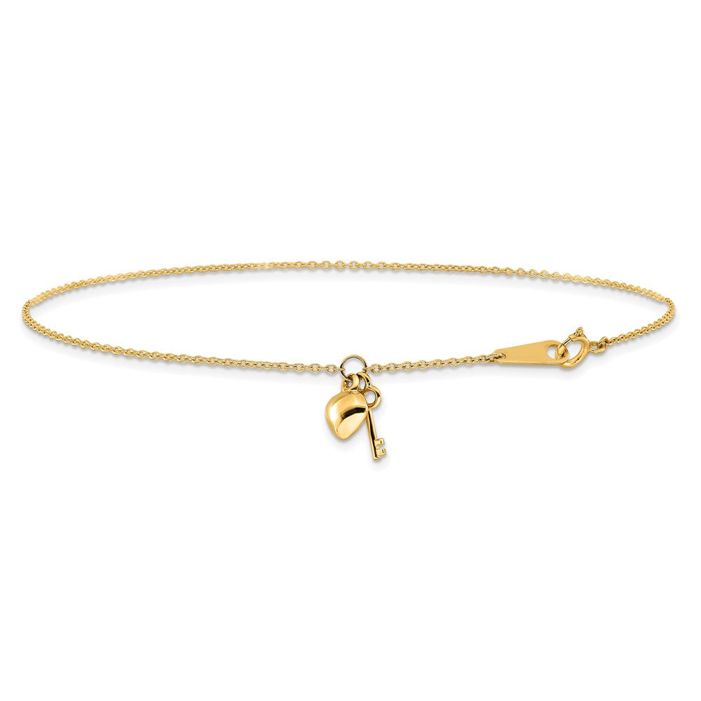 10k Heart and Key Dangle 9 inch Plus 1 inch Extender - Total 10 inch Anklet