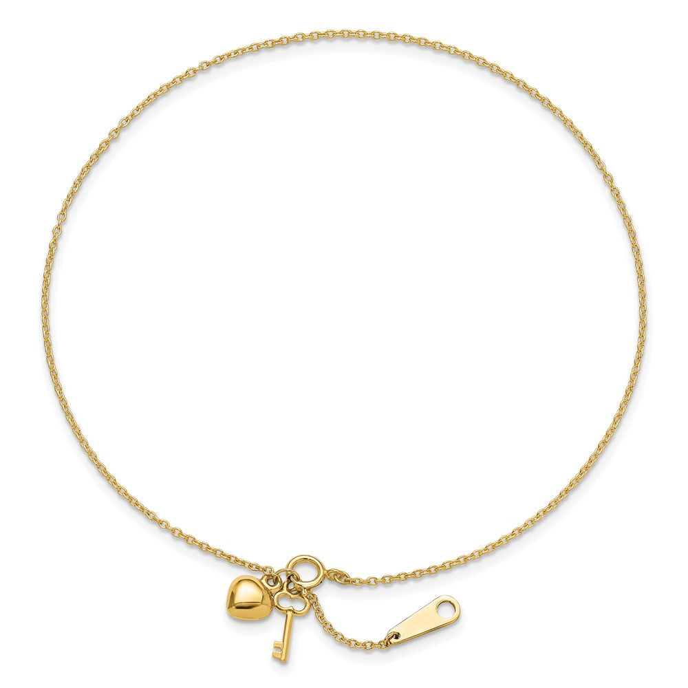 10k Heart and Key Dangle 9 inch Plus 1 inch Extender - Total 10 inch Anklet