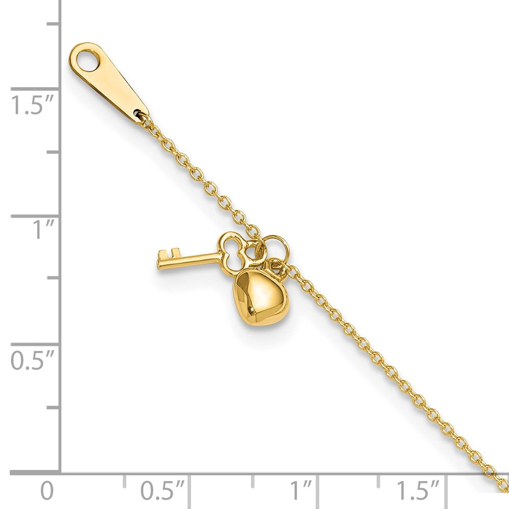10k Heart and Key Dangle 9 inch Plus 1 inch Extender - Total 10 inch Anklet