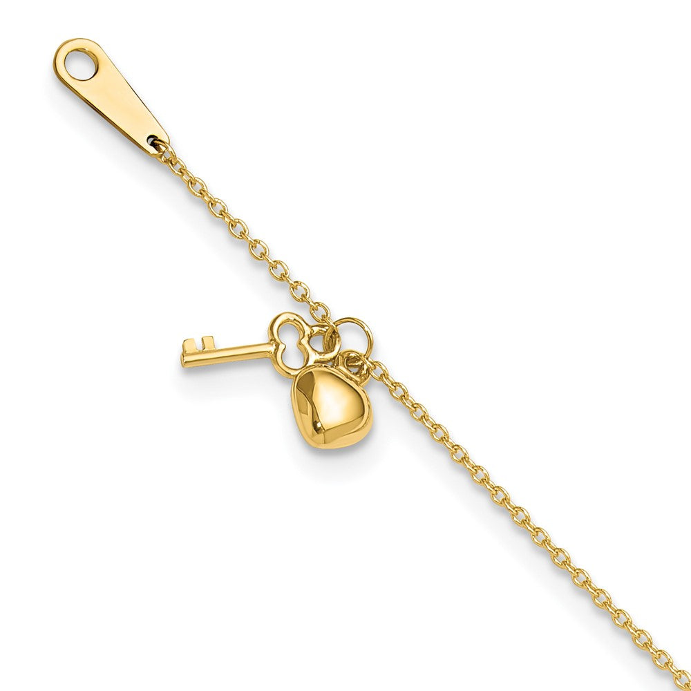 10k Heart and Key Dangle 9 inch Plus 1 inch Extender - Total 10 inch Anklet