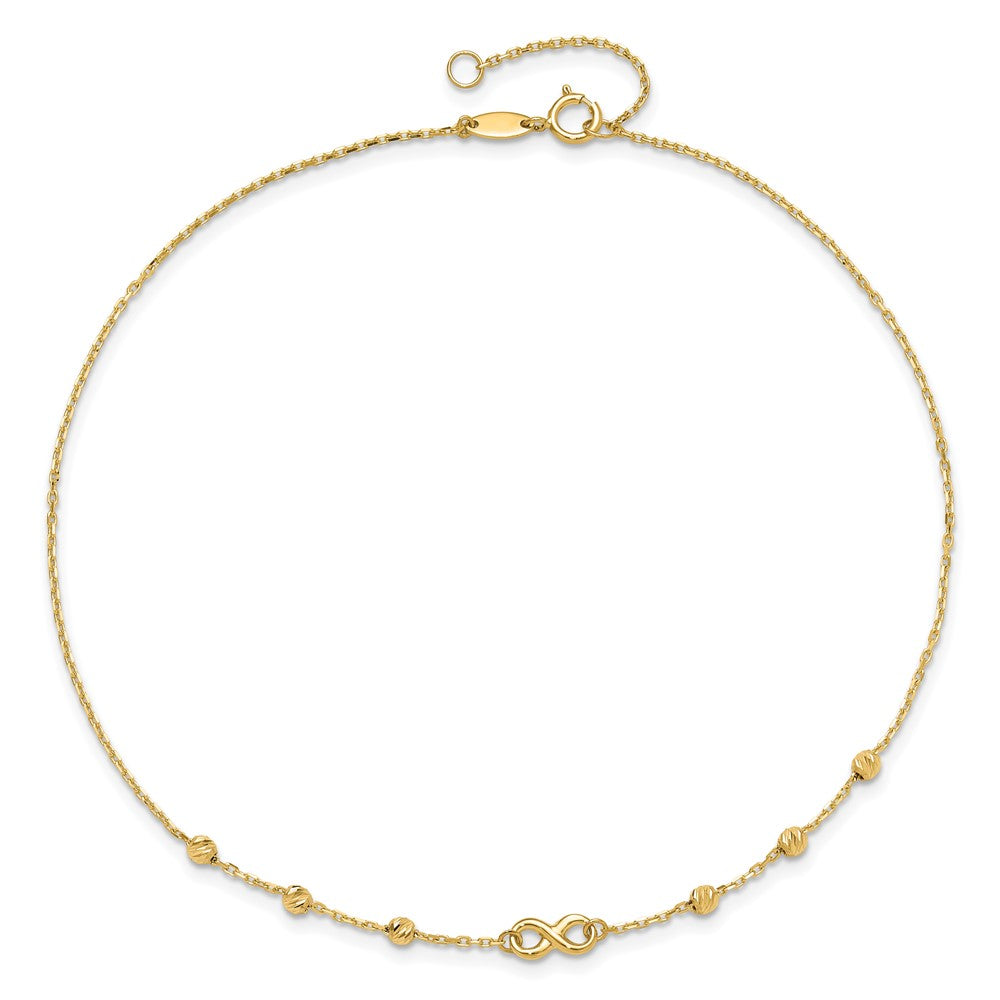 10K Polished Infinity and Diamond-cut Beads 10 inch Plus 1 inch Extender - Total 11 inch Anklet