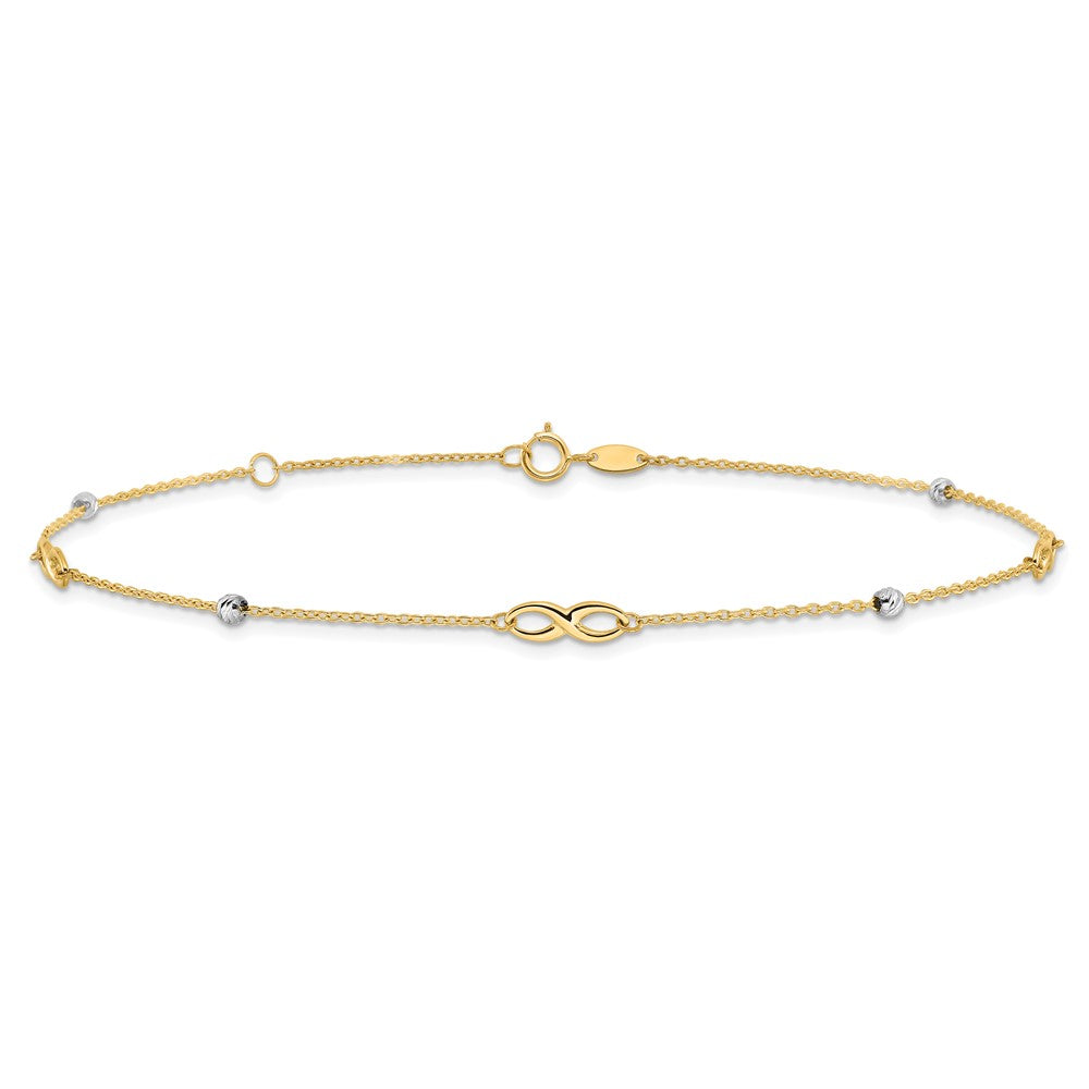 10K Two-Tone Infinity and Diamond-cut Beads 10 inch Plus 1 inch Extender - Total 11 inch Anklet