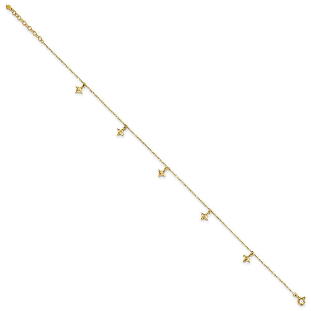 10k Polished Diamond-cut Star Dangles 5-Station 9 inch Plus 1 inch Extender - Total 10 inch Anklet