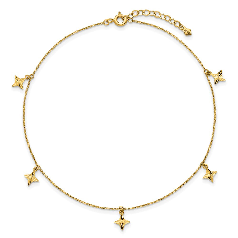 10k Polished Diamond-cut Star Dangles 5-Station 9 inch Plus 1 inch Extender - Total 10 inch Anklet