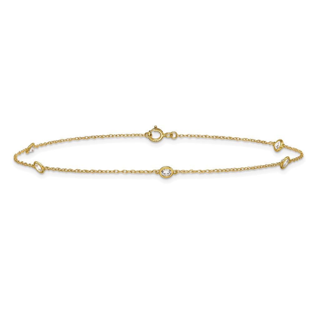 10k Polished Bezel-set 3.8mm CZ 5-Station 10 inch Anklet