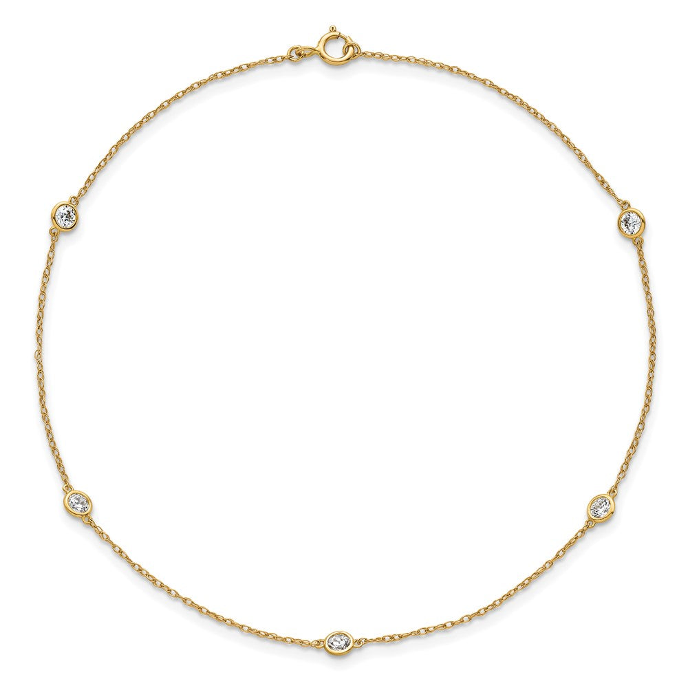 10k Polished Bezel-set 3.8mm CZ 5-Station 10 inch Anklet