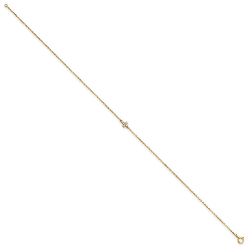 10k Polished CZ Cross 10 inch Anklet