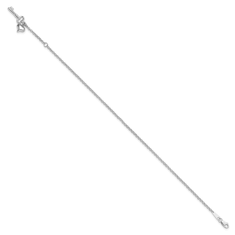 10k White Gold Heart and Key Dangle 9 inch Plus 1 inch Extender - Total 10 inch Anklet