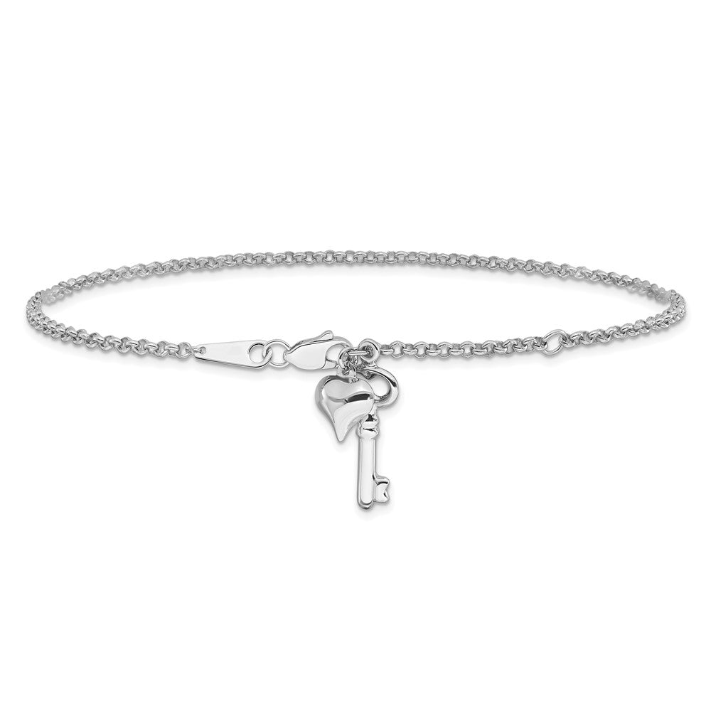 10k White Gold Heart and Key Dangle 9 inch Plus 1 inch Extender - Total 10 inch Anklet