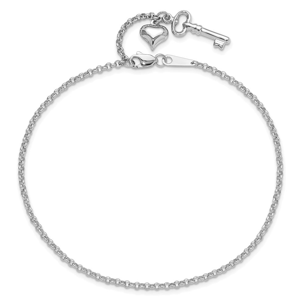 10k White Gold Heart and Key Dangle 9 inch Plus 1 inch Extender - Total 10 inch Anklet