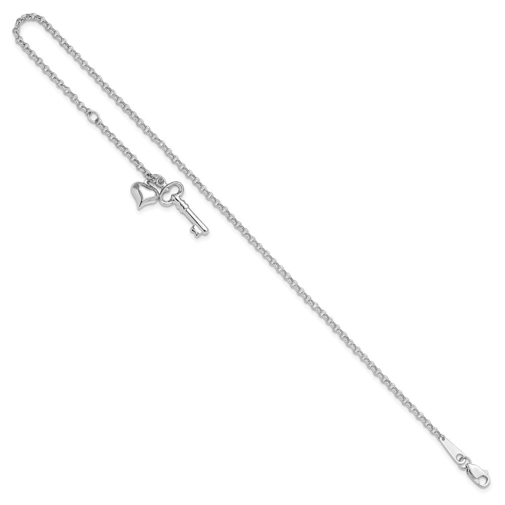 10k White Gold Heart and Key Dangle 9 inch Plus 1 inch Extender - Total 10 inch Anklet