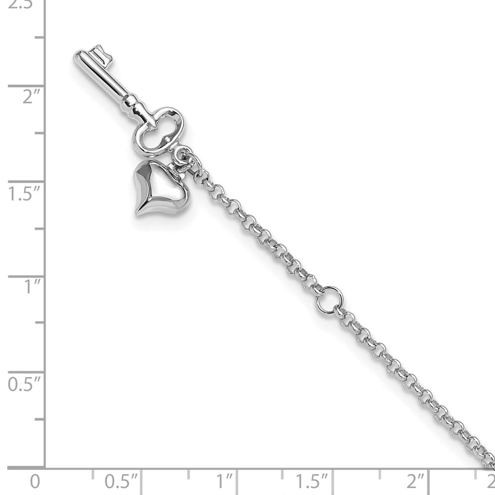 10k White Gold Heart and Key Dangle 9 inch Plus 1 inch Extender - Total 10 inch Anklet