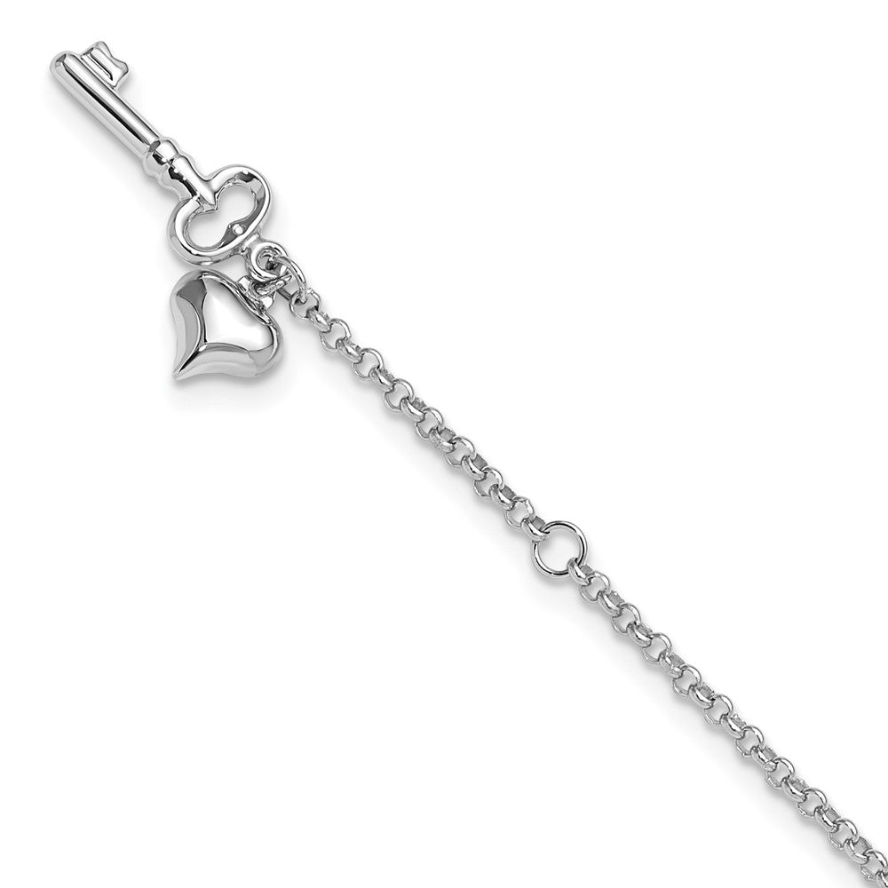 10k White Gold Heart and Key Dangle 9 inch Plus 1 inch Extender - Total 10 inch Anklet