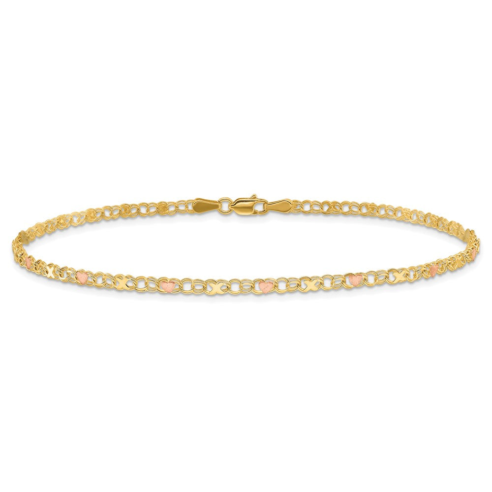 10k and Rose Rhodium Polished and Satin X-and-Heart 10 inch Anklet