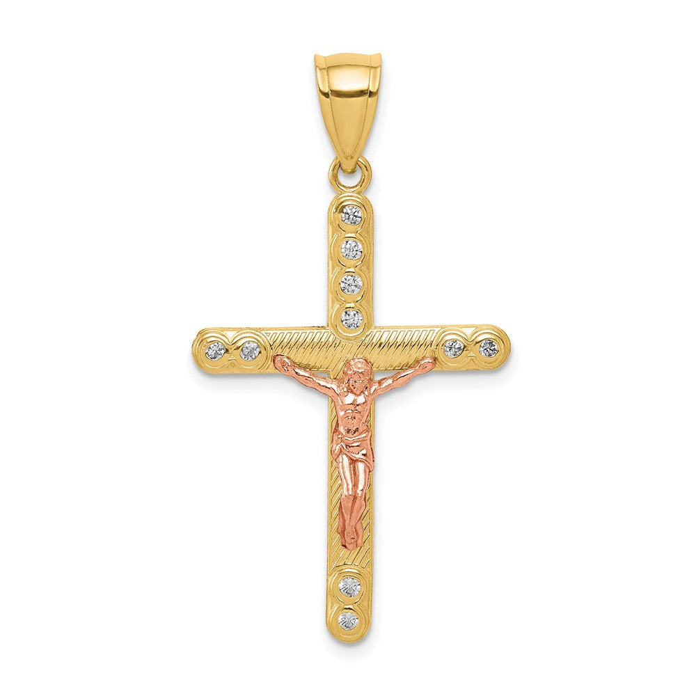 Polished;10K Two-tone;CZ;Rhodium;Textured