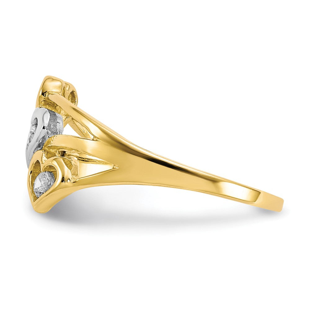 10K w/Rhodium Triple Heart 3 Stone CZ Ring