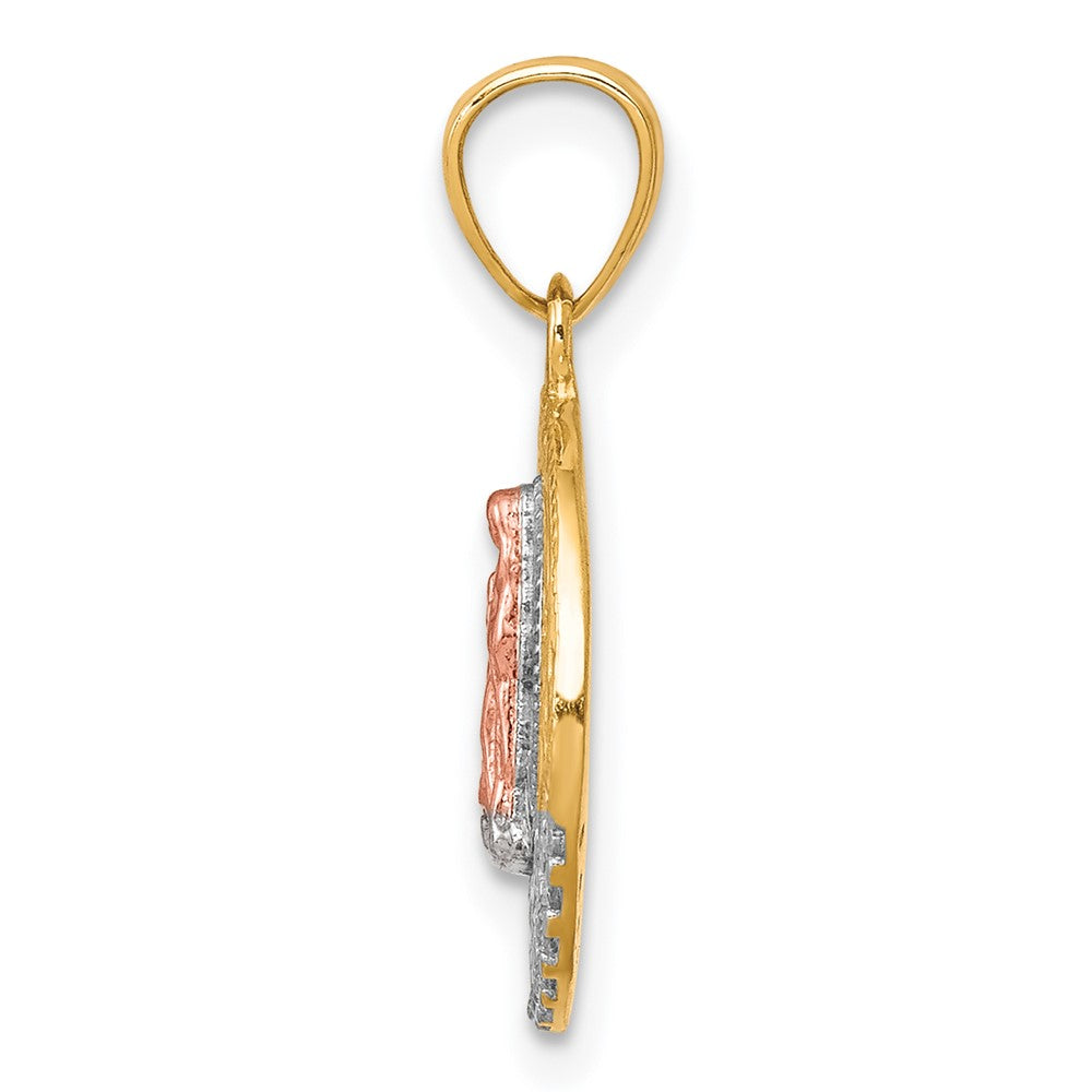 10K Two-Tone (Yellow Gold and Rose Gold) w/ White Rhodium CZ Our Lady Of Guadalupe Round Pendant