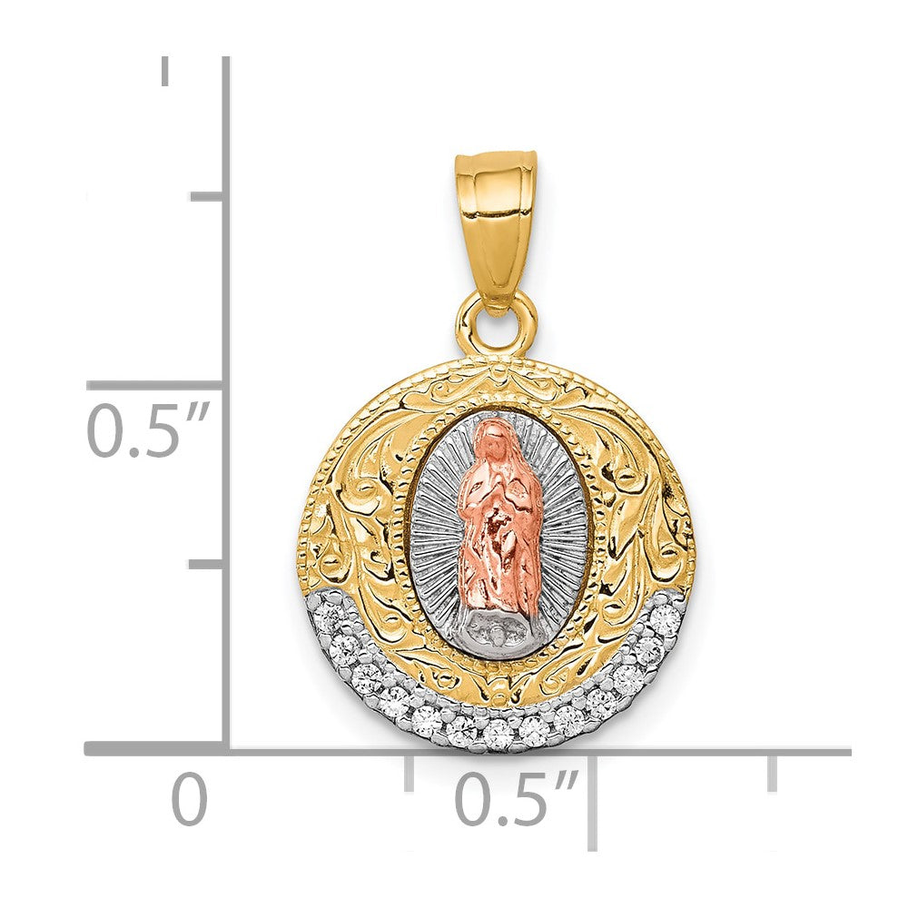 10K Two-Tone (Yellow Gold and Rose Gold) w/ White Rhodium CZ Our Lady Of Guadalupe Round Pendant