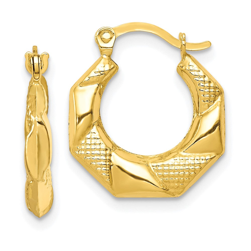 Polished;10K Yellow gold;Hollow;Hinged post;Textured