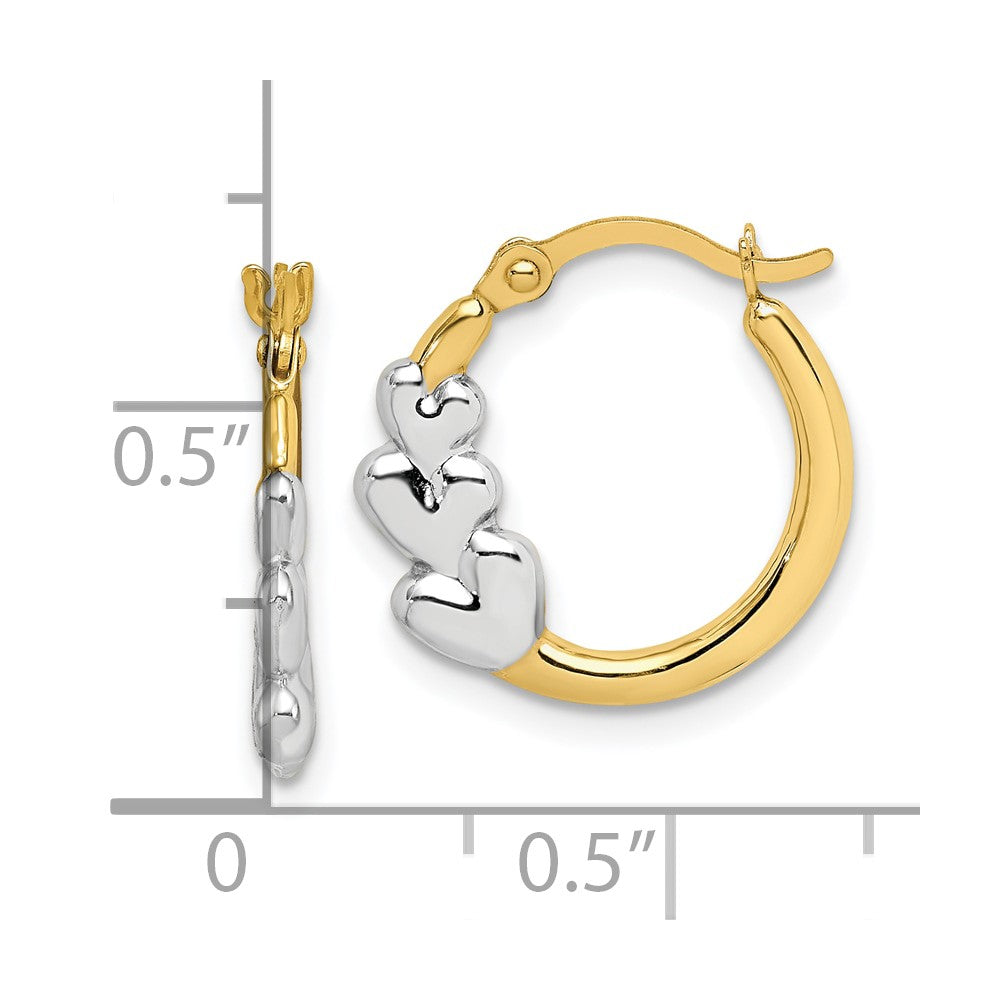 10K and Rhodium and Hearts Hollow Hoop Earrings
