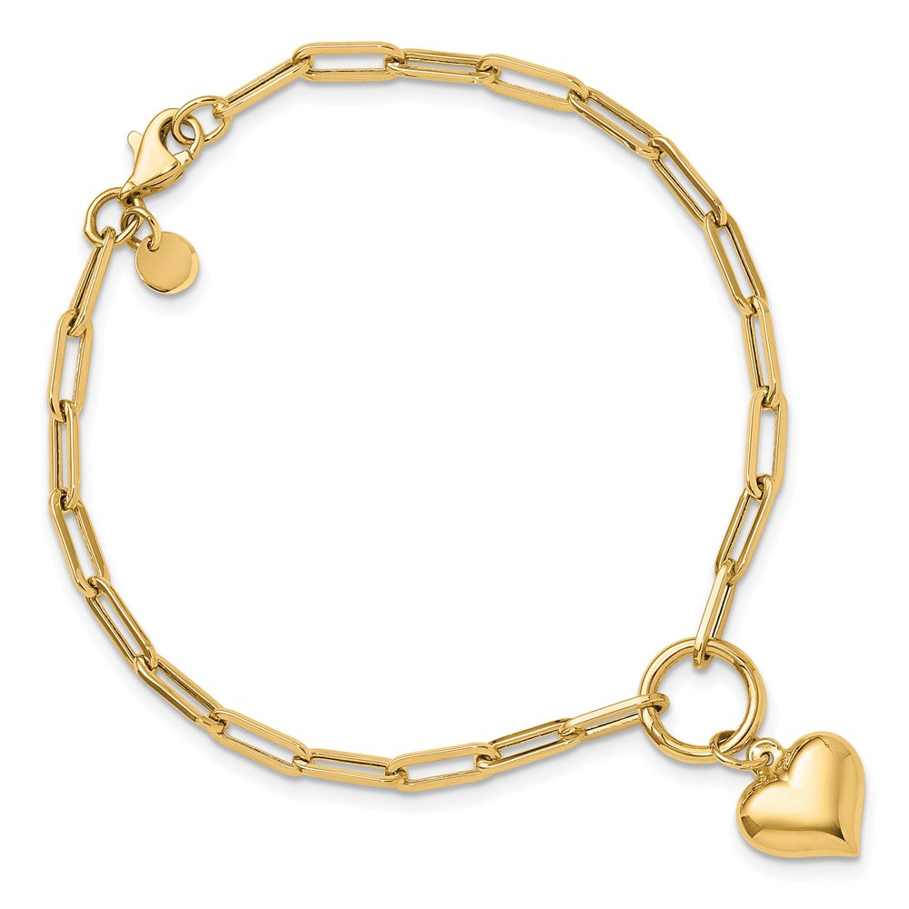 10K Polished Puff Heart Paper Clip Link Bracelet
