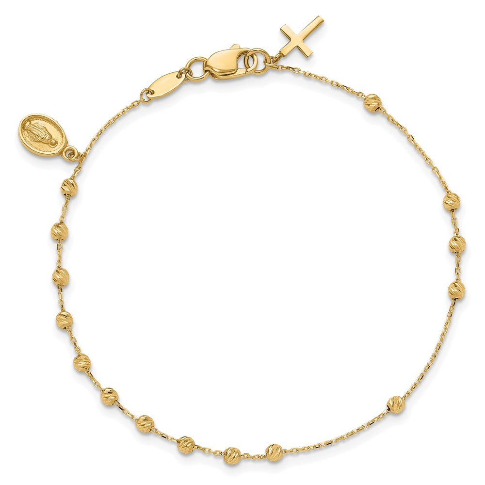 10K Polished and Diamond-cut Miraculous Medal and Cross Rosary Design Brace