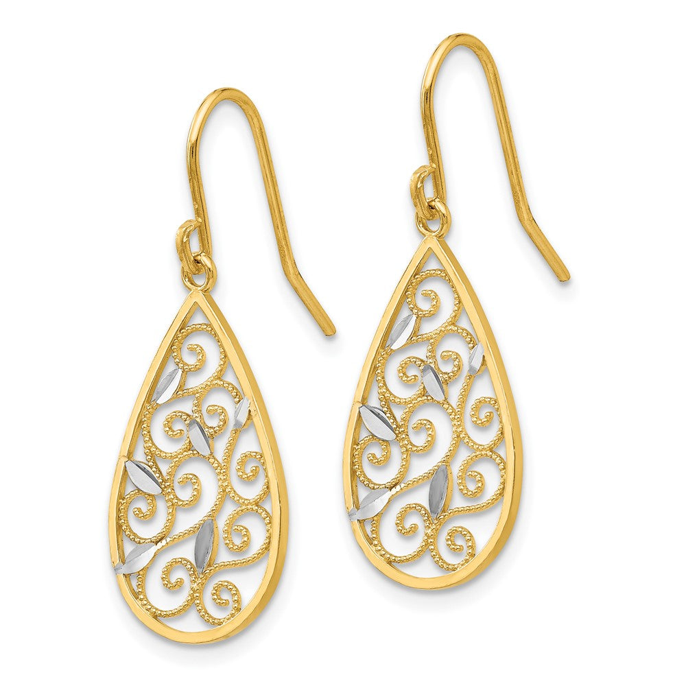 10K White Rhodium Diamond-cut Filigree Teardrop Wire Earrings