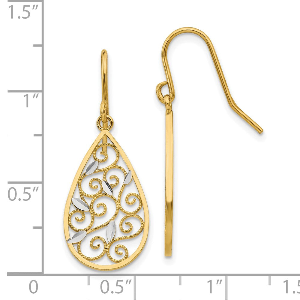 10K White Rhodium Diamond-cut Filigree Teardrop Wire Earrings