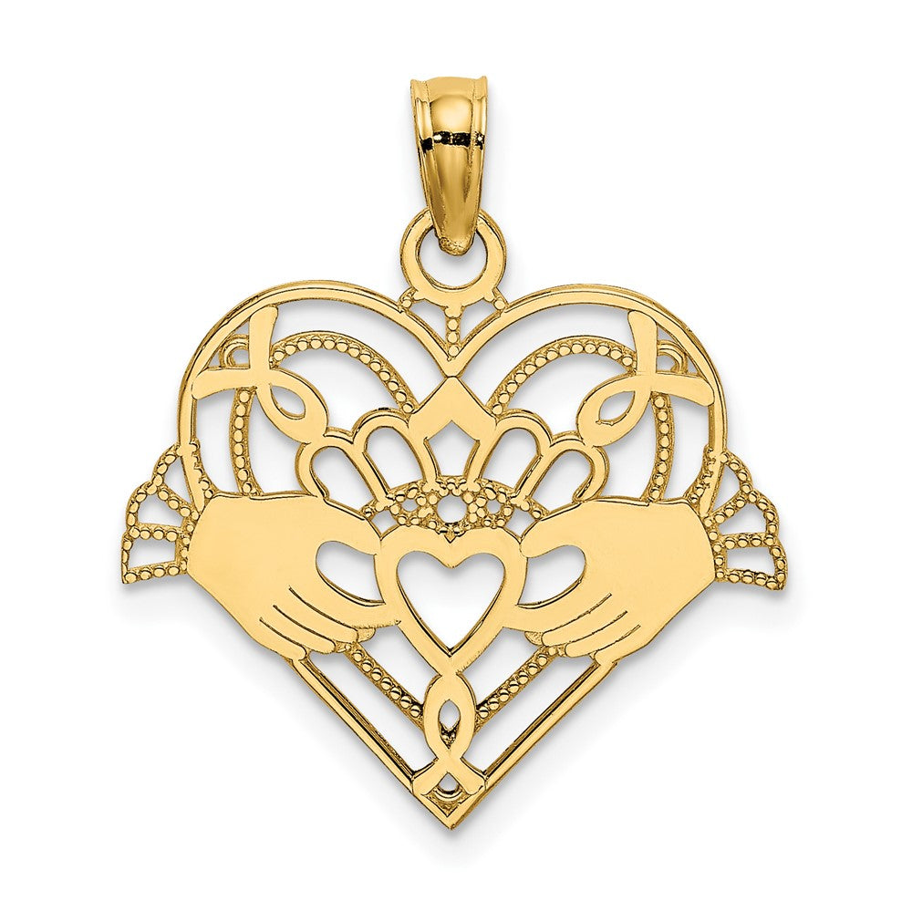 10K Polished and Beaded Claddagh In Heart Charm