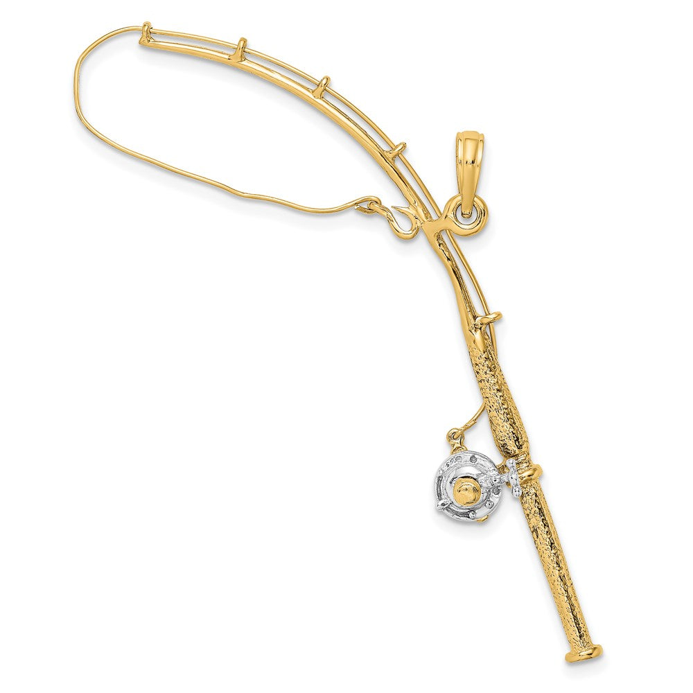 10K w/Rhodium 3-D Moveable Fishing Pole W/ Reel Pendant