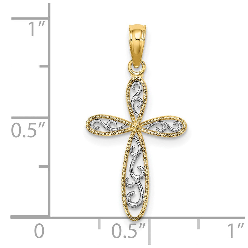 10K w/ Rhodium Filigree and Milgrain Cross Charm