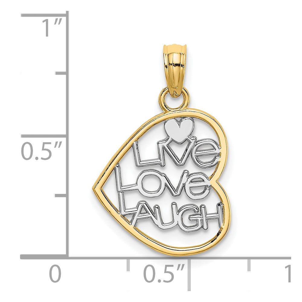 10K w/ Rhodium LIVE LOVE LAUGH In Heart Charm