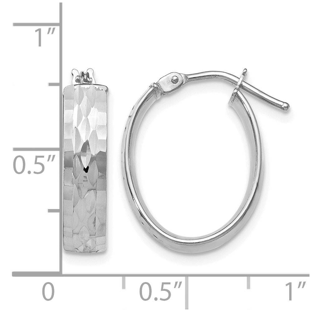 10K with White Rhodium Plating Polished and Diamond-cut Oval Hinged Hoop Earrings