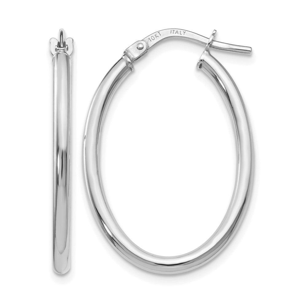 Polished;10K White gold;Oval;Hinged hoop
