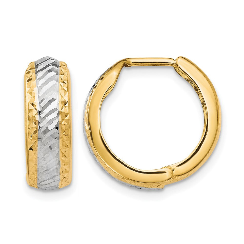 Diamond-cut;Polished;10K Yellow gold;Rhodium;Hinged hoop