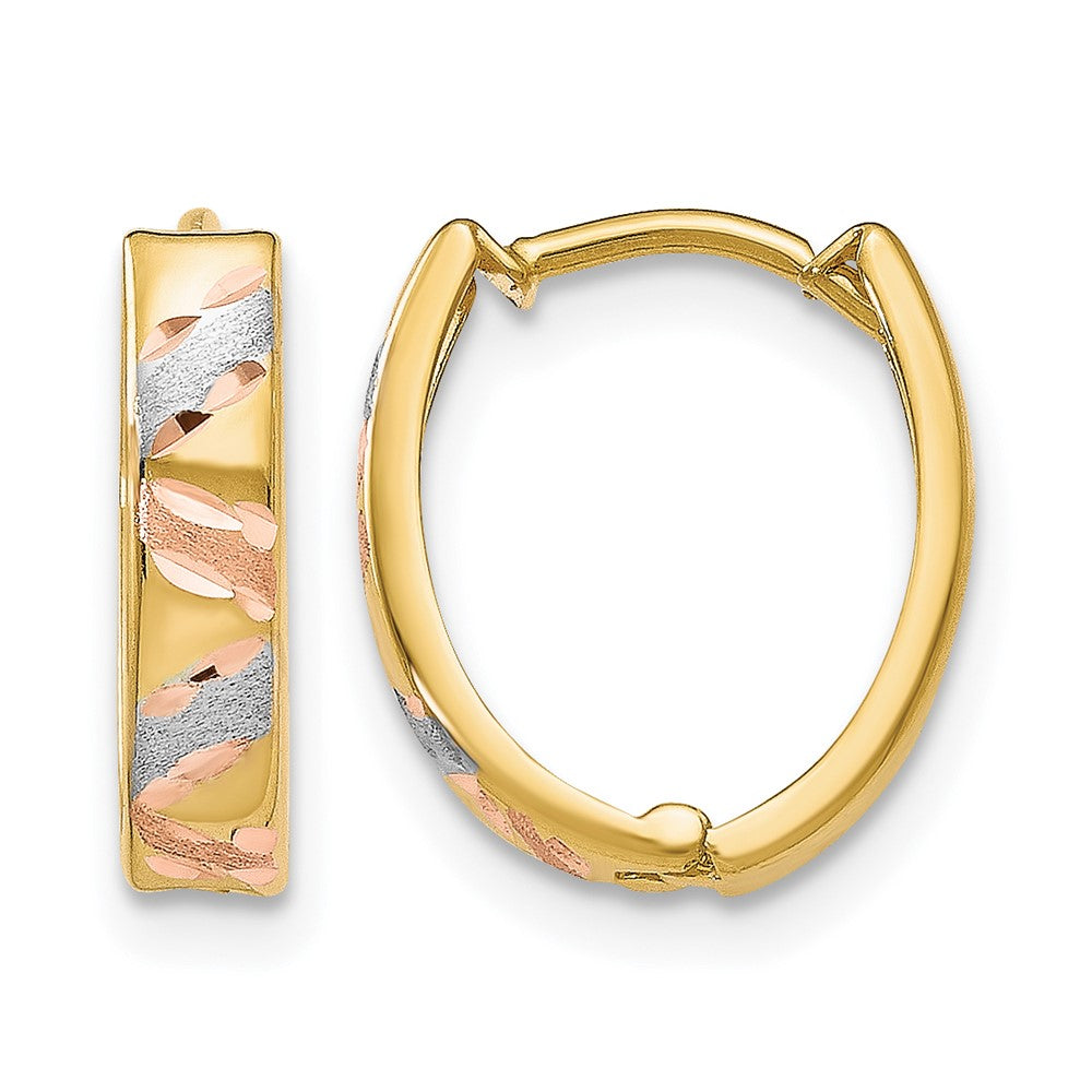 Diamond-cut;10K Two-tone;Rhodium;Polished & satin;Hinged hoop