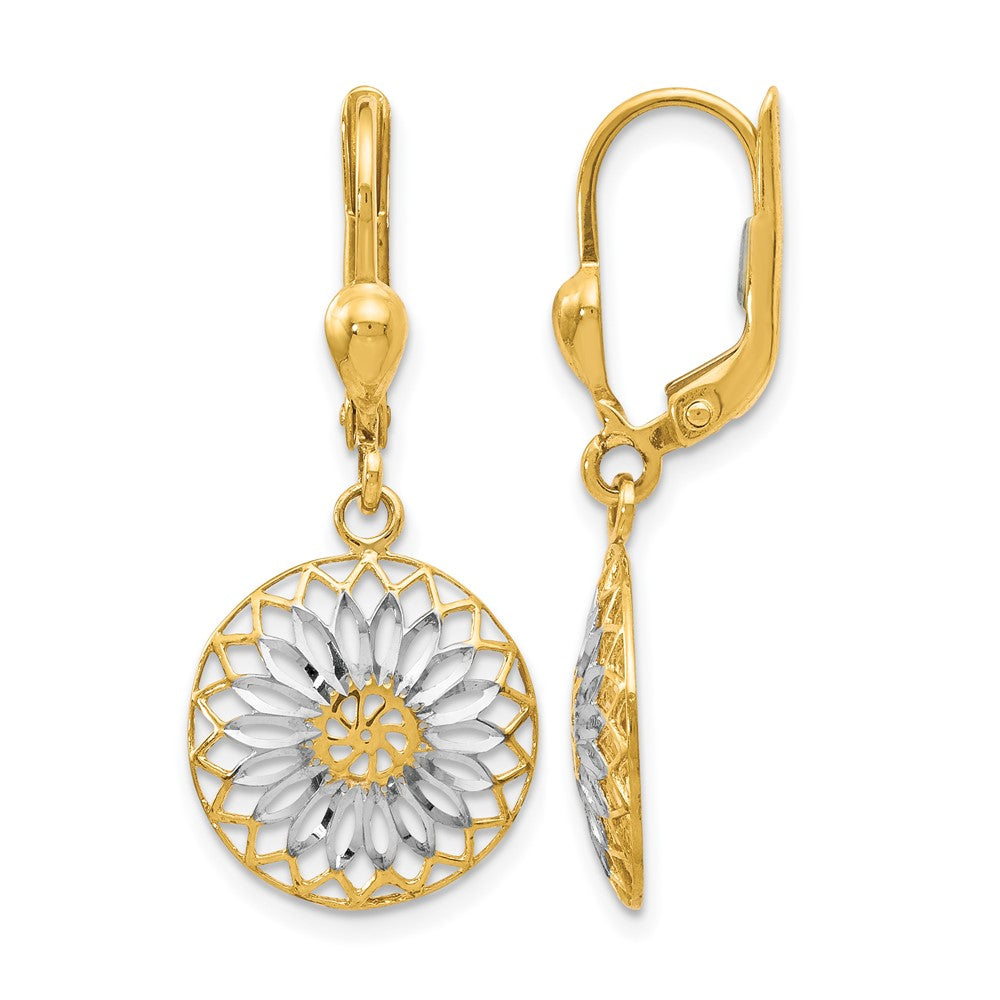 Polished;10K Yellow gold;Leverback;Rhodium;Textured;Dangle