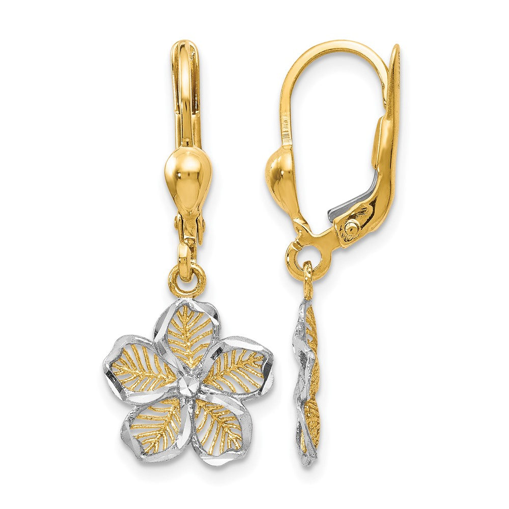 Polished;10K Yellow gold;Leverback;Rhodium;Dangle;Flower;Diamond Cut
